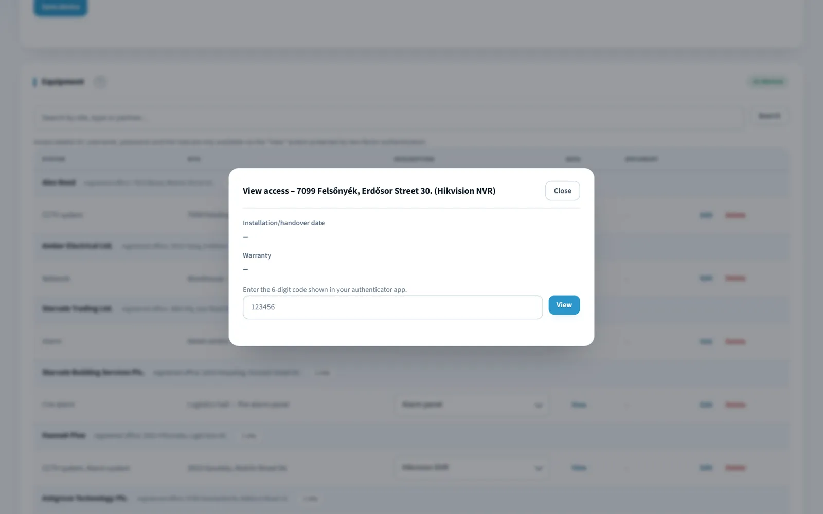 P1network — viewing access credentials with a six-digit two-factor code