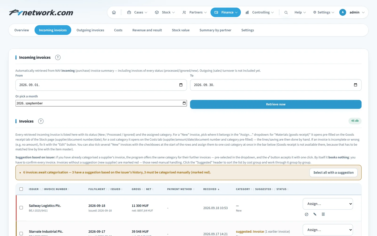P1network — list of incoming invoices retrieved from NAV with categorisation