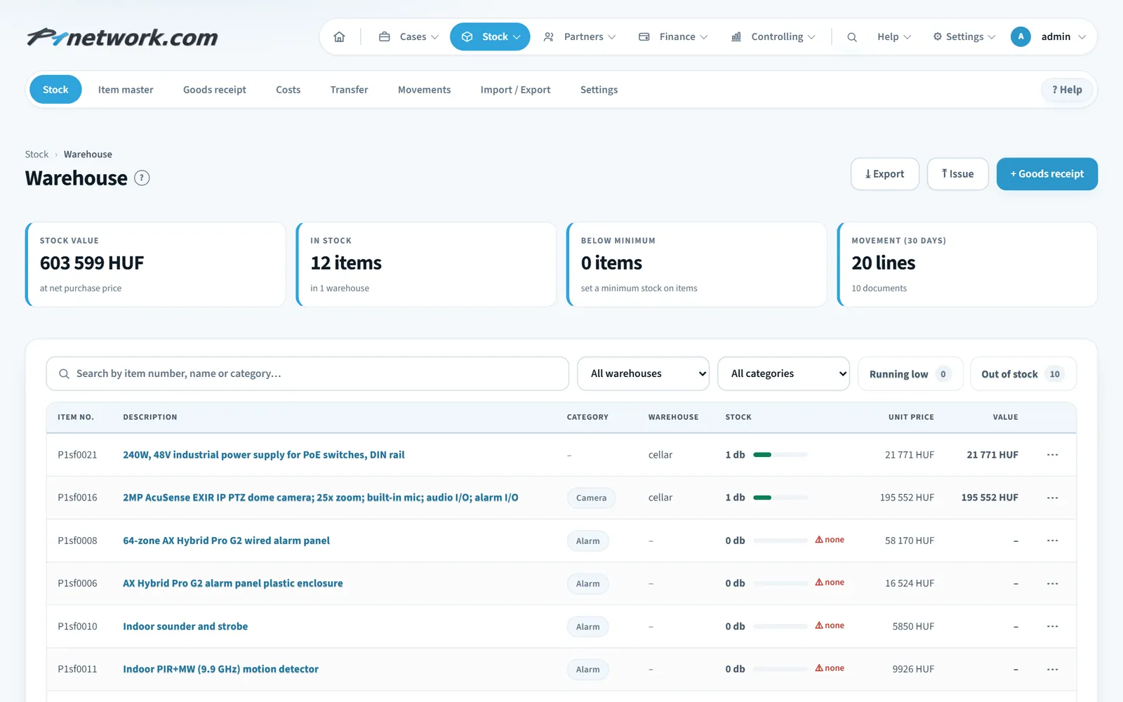 P1network — warehouse stock view with stock value and item list