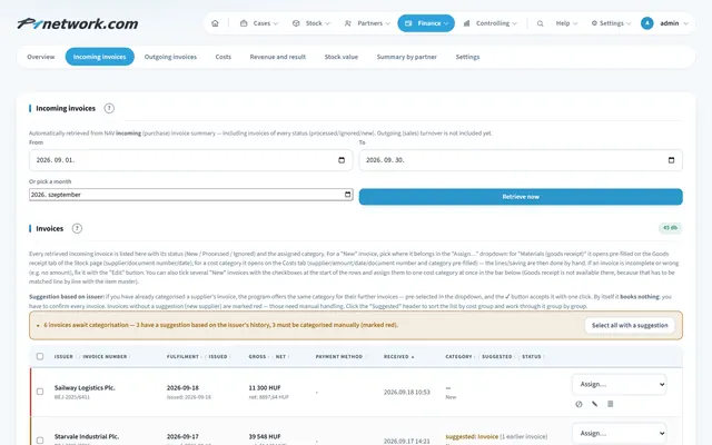 Incoming invoices retrieved from the tax authority in P1network