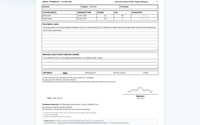 Digitally signed worksheet in P1network