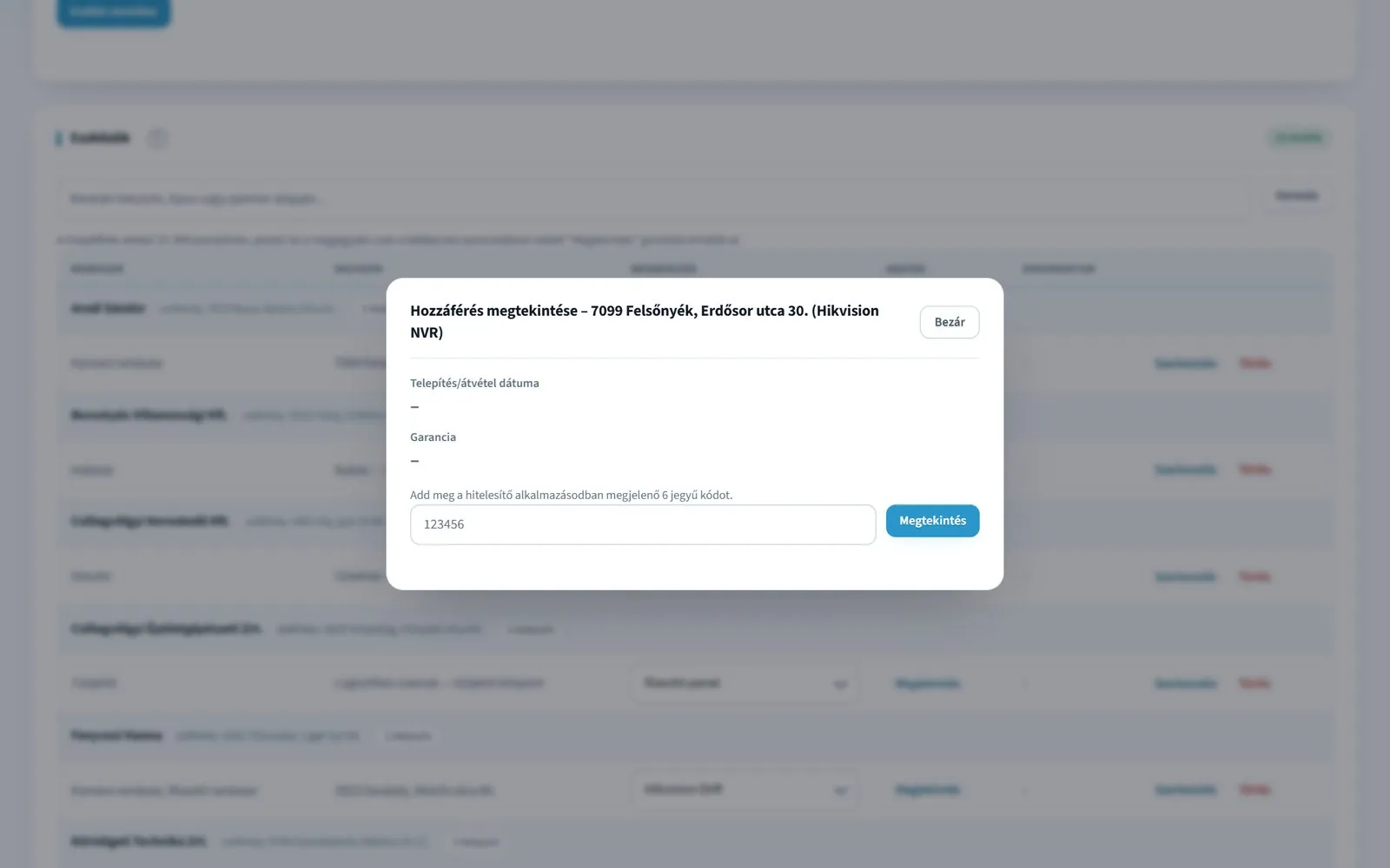 P1network ERP system – viewing access credentials with a two-factor code