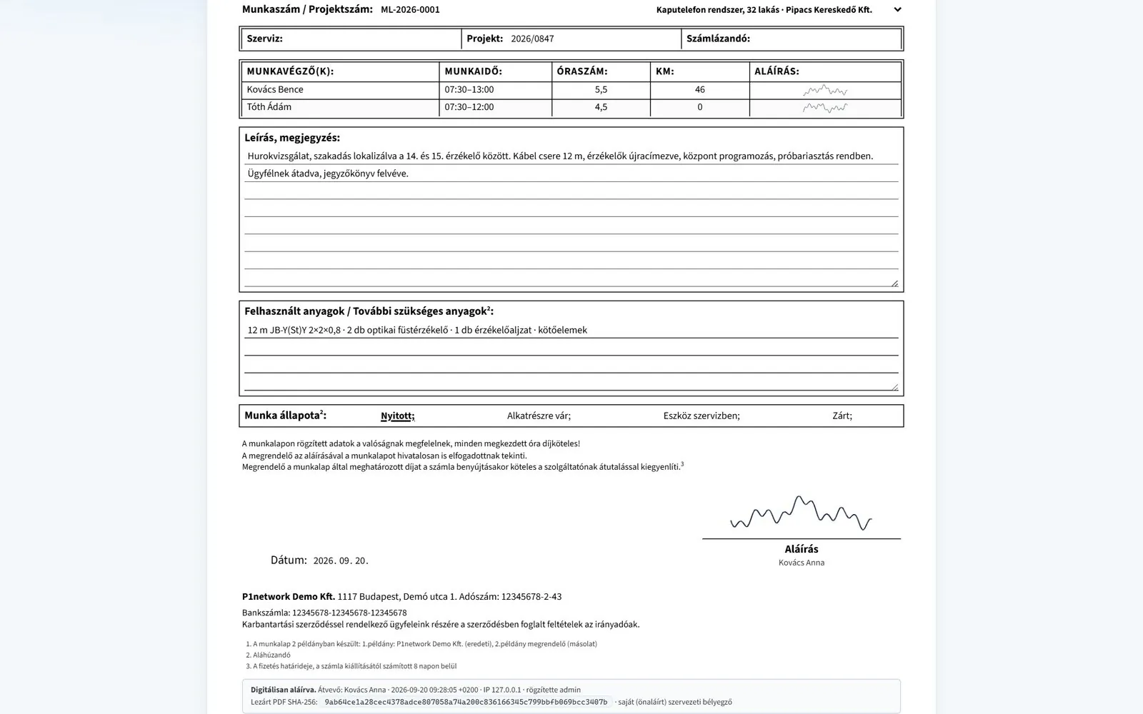 P1network ERP system – signed, locked worksheet
