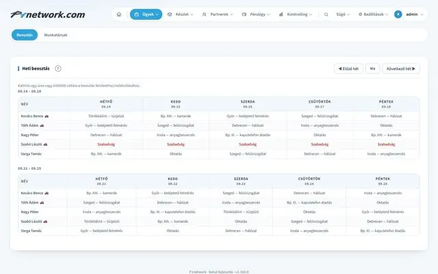 P1network ERP system – Cases · Scheduling (weekly roster)